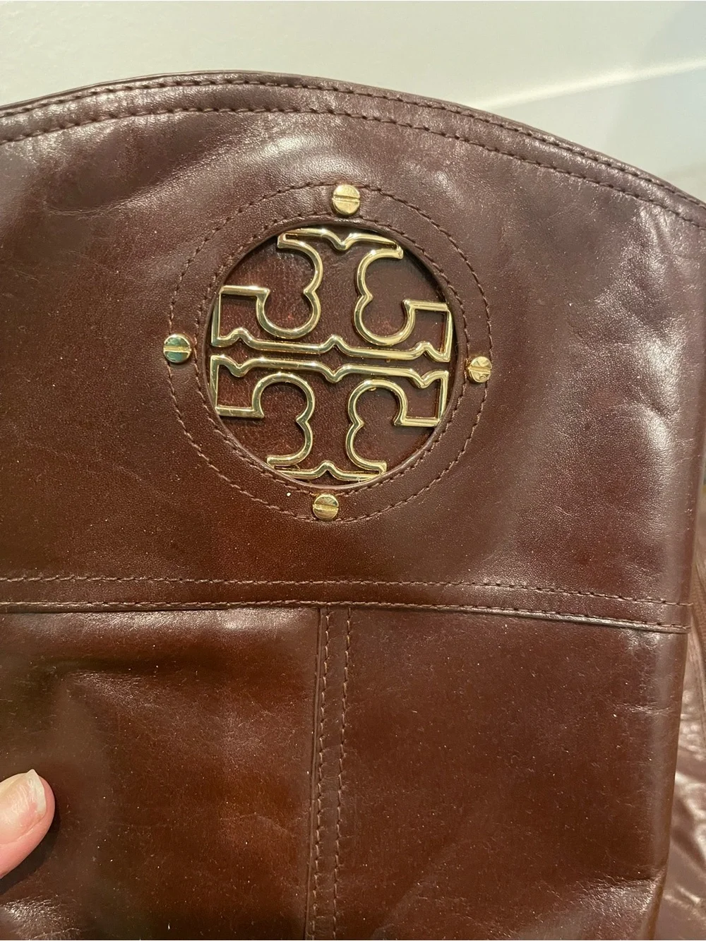Tory Burch Dark Brown Leather Tall Riding Boots with Gold Logo